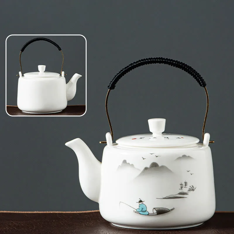 Mythstone Vintage Dragon Mountain Fisherman Landscape White Porcelain Ceramic Kung Fu Teapot - Image 20