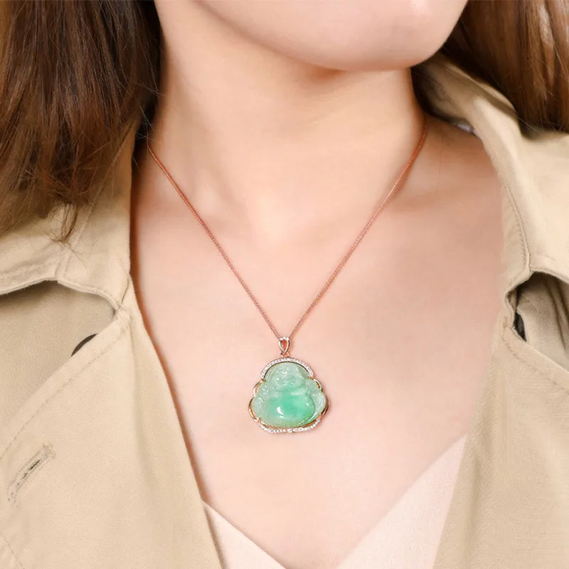 925 Sterling Silver Laughing Buddha Natural Jade Prosperity Necklace Chain Pendant - Image 3