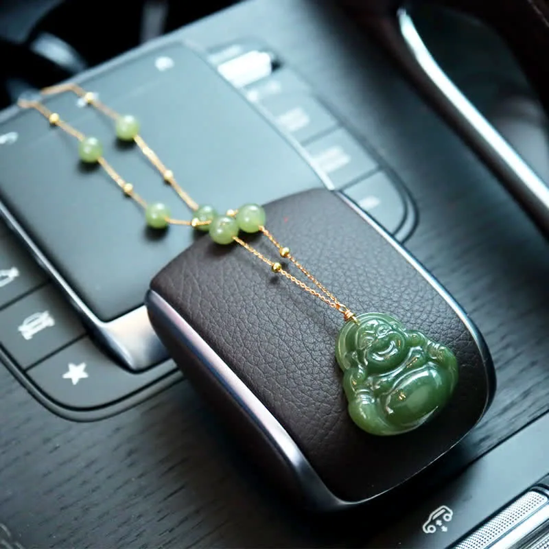 Mythstone Laughing Buddha Hetian Jade Luck Necklace Bead Chain Pendant - Image 4