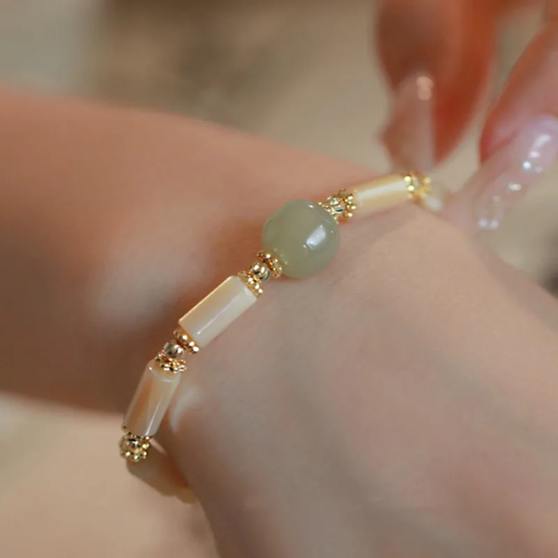 Mythstone 14K Gold Plated Tridacna Stone Hetian Jade Bead Bamboo Pattern Bracelet - Image 3