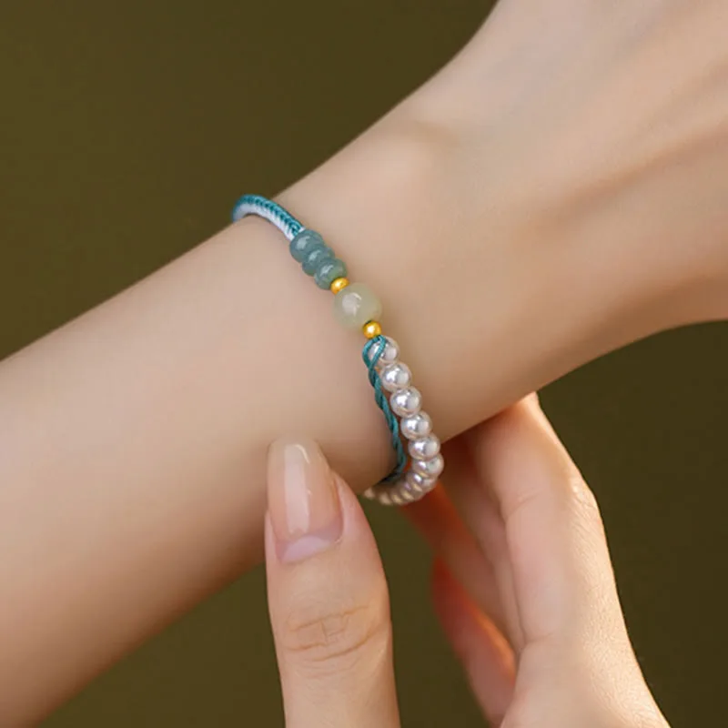 Mythstone 925 Sterling Silver Hetian Jade Braided Rope Pearl Abundance Bracelet - Image 8