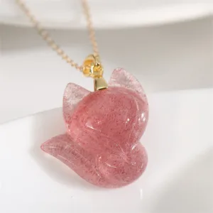 Mythstone 14k Gold Plated 925 Sterling Silver Strawberry Quartz Fox Healing Necklace Pendant