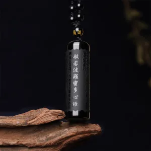 Mythstone Natural Black Obsidian Heart Sutra Purification Necklace Pendant