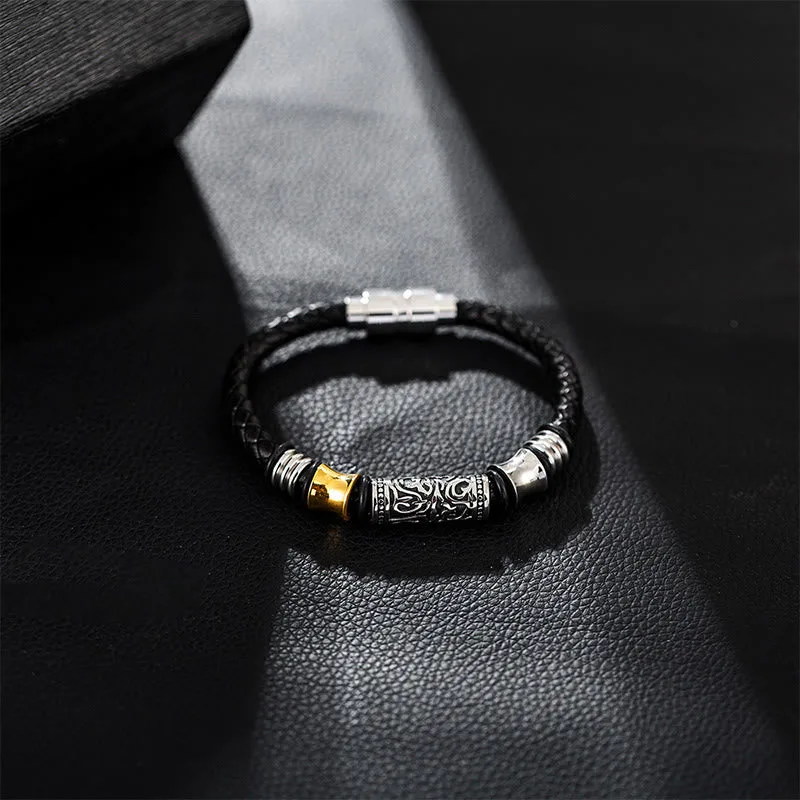 Mythstone Tang Dynasty Flower Design Luck Stainless Steel Buckle Leather Bracelet - Image 5