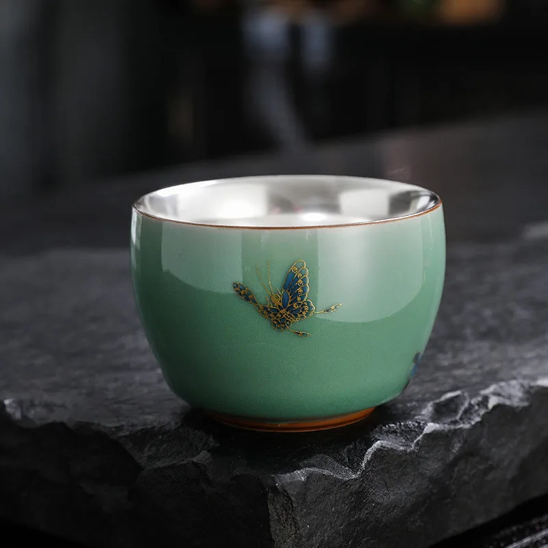 Mythstone - 999 Sterling Silver Gilding Butterfly Goldfish Lotus Koi Fish Ceramic Teacup Kung Fu Tea Cup 120ml - Image 5
