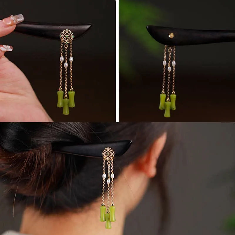 Mythstone Natural Peridot Ebony Wood Love Tassels Hairpin - Image 7
