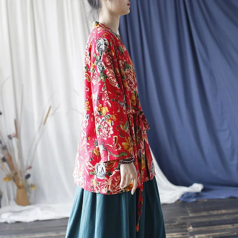 Mythstone Ethnic Style Northeast Red Flower Peony Print Cotton Linen Lace Up Jacket - Image 3