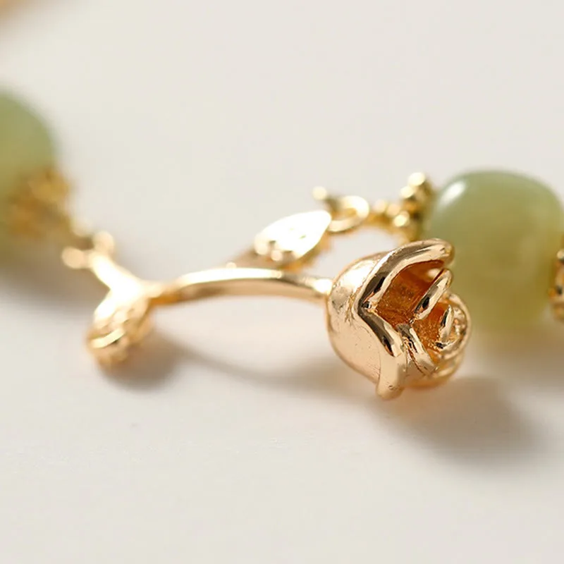Mythstone 14K Gold Plated Hetian Jade Golden Rose Flower Luck Chain Bracelet - Image 5