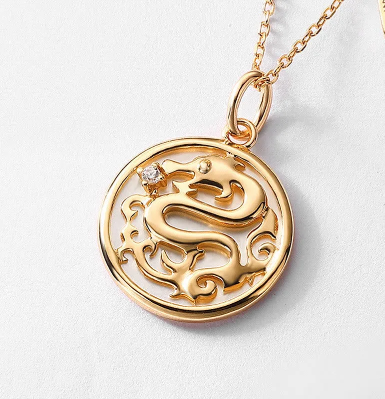 MythStone 925 Sterling Silver Tridacna Stone Year of the Dragon Fu Character Luck Strength Necklace Pendant - Image 4