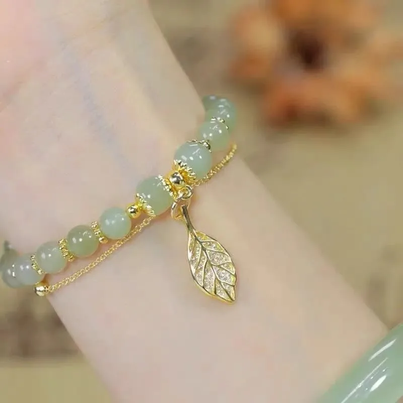 Mythstone Jade Leaf Ginkgo Tulip Peanut Fu Character Luck Beaded Bracelet - Image 5
