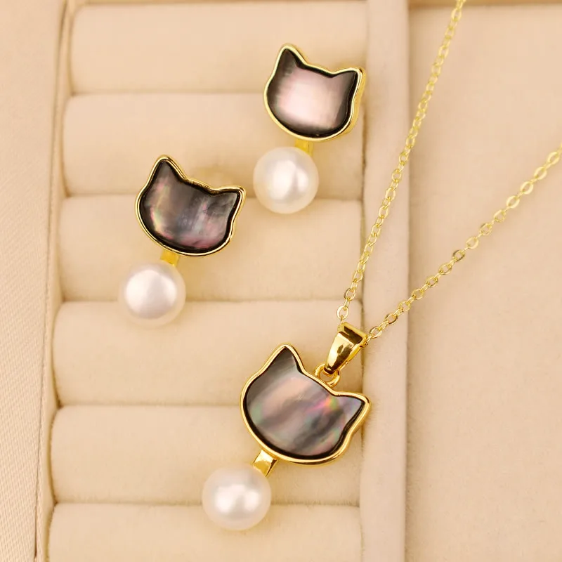 Mythstone 925 Sterling Silver Posts Cute Cat Tridacna Stone Pearl Ring Earrings Necklace Jewelry Set - Image 3