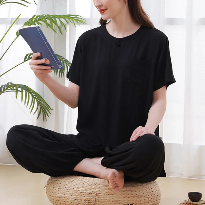 Mythstone 2Pcs Half Sleeve T-Shirt Pants Meditation Zen Tai Chi Cotton Linen Clothing Unisex Set - Image 16