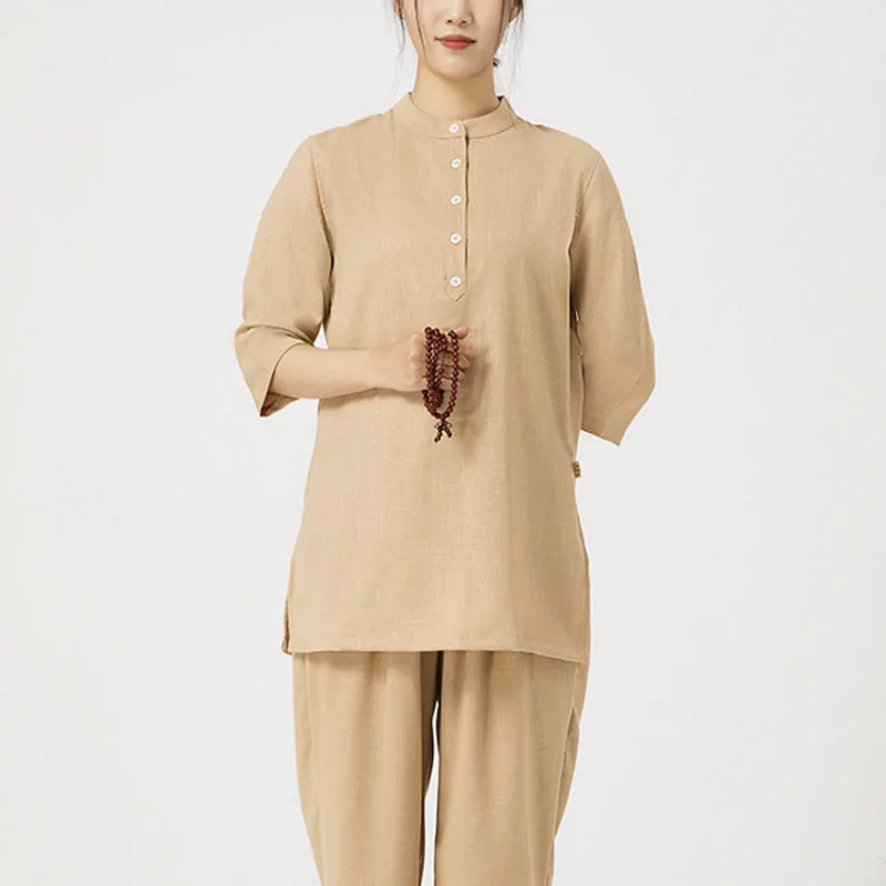 Mythstone 2Pcs Buttons Three Quarter Sleeve Shirt Top Pants Meditation Zen Tai Chi Cotton Linen Clothing Women's Set - Image 18