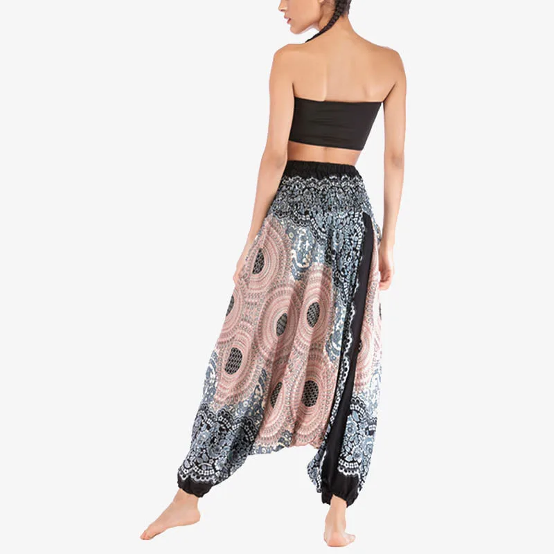 Mythstone Two Style Wear Round Geometric Pattern Loose Smocked Harem Trousers Jumpsuit High Waist Women's Yoga Pants - Image 32