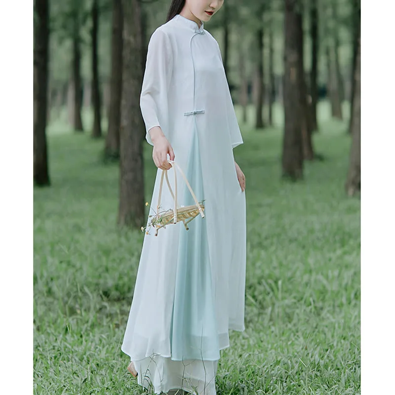 Mythstone Three Quarter Sleeve Chiffon Cheongsam Midi Dress Wide Leg Pants Meditation Zen Practice Clothing - Image 8