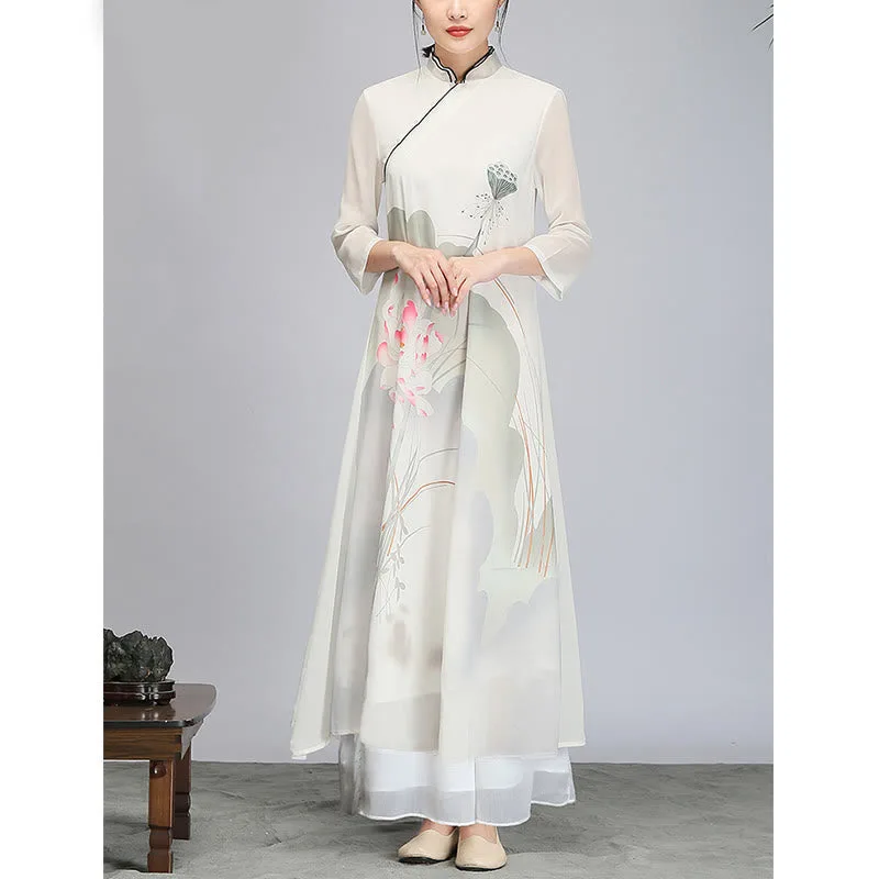 Mythstone Lotus Flower Pod Chiffon Cheongsam Midi Dress Meditation Zen Practice Clothing - Image 5