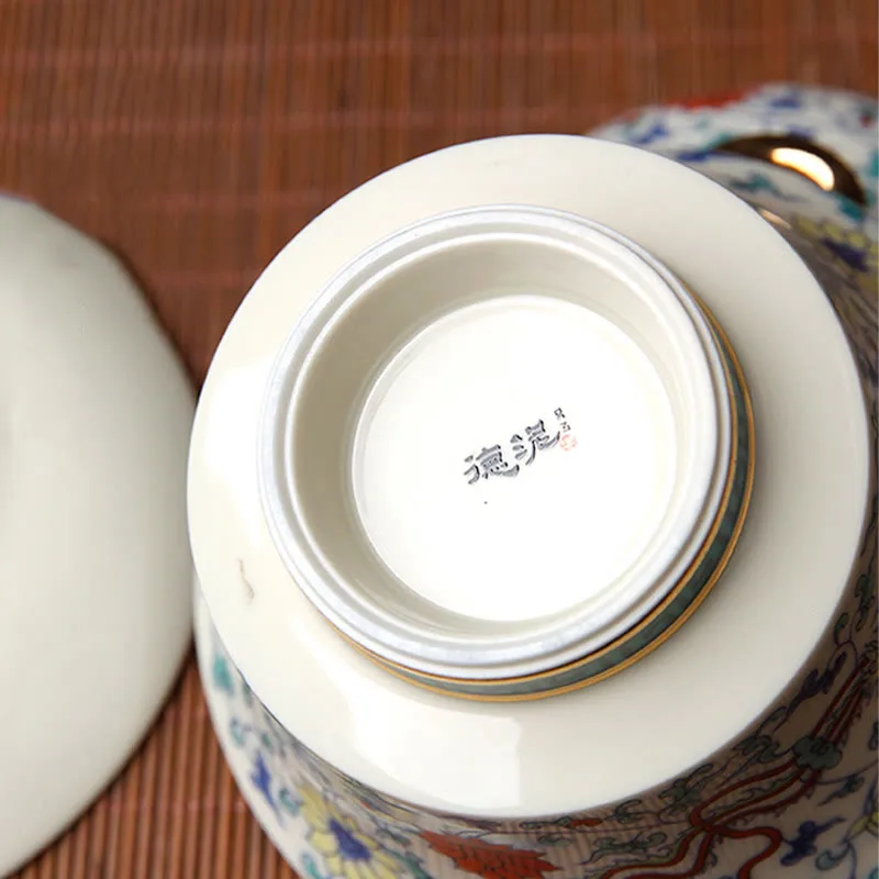 Mythstone Retro Plum Blossom Pine Bamboo Phoenix Kirin Ceramic Gaiwan Sancai Teacup Kung Fu Tea Cup and Saucer with Lid - Image 11