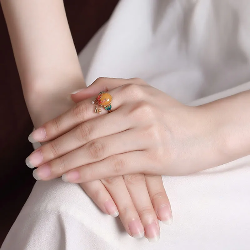 Mythstone 925 Sterling Silver Plated Gold Natural Amber Flower Pearl Confidence Ring Earrings Set - Image 5