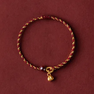 Mythstone Handcrafted Red Gold Rope Lotus Peace And Joy Charm Braid Bracelet