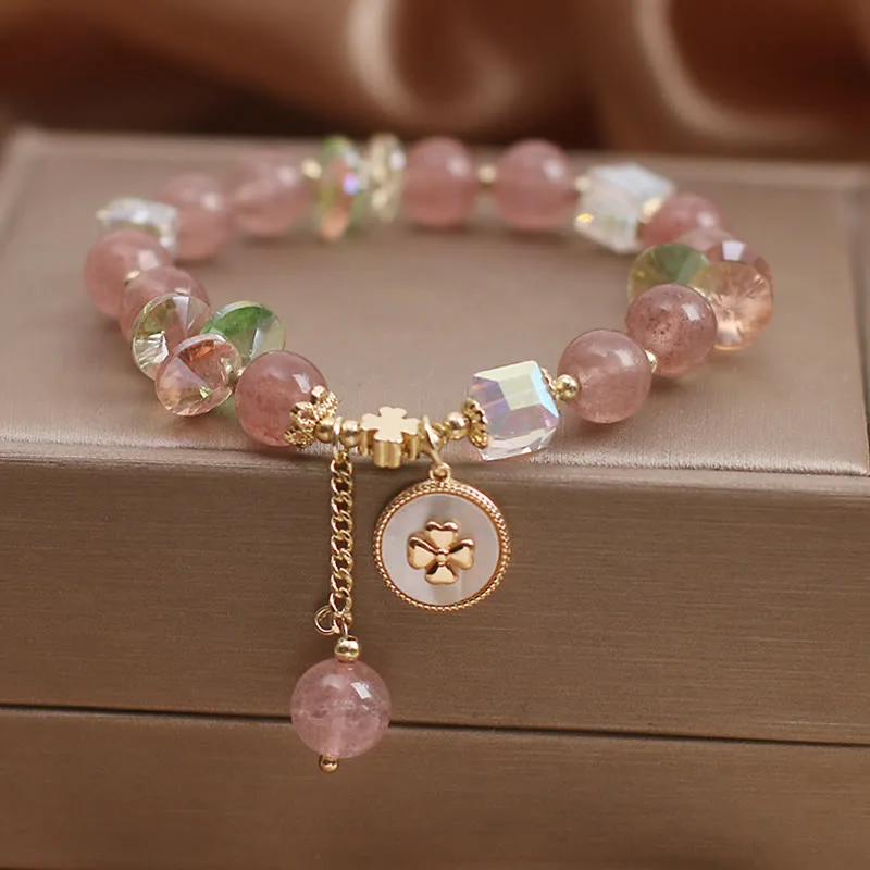 Mythstone Strawberry Quartz Lucky Four Leaf Clover Healing Charm Bracelet - Image 2