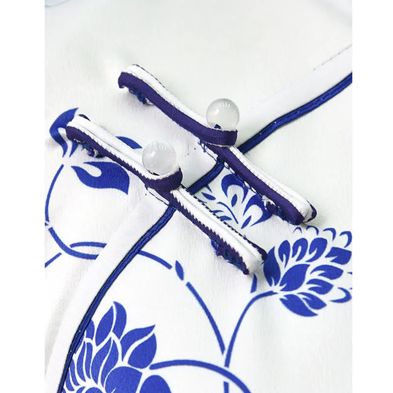 Mythstone Blue And White Porcelain Color Peony Flower Pattern Cheongsam Dress Women's Qipao Dress - Image 10