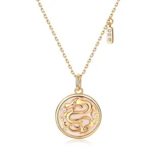 MythStone 925 Sterling Silver Tridacna Stone Year of the Dragon Fu Character Luck Strength Necklace Pendant