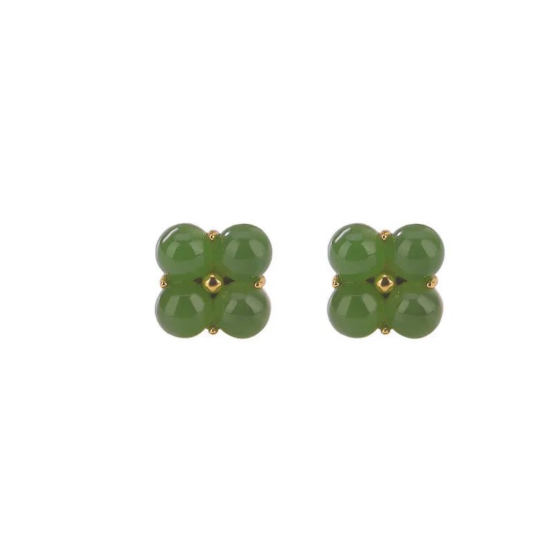 Mythstone 925 Sterling Silver Plated Gold Natural Cyan Jade Four Leaf Clover Luck Stud Earrings - Image 9