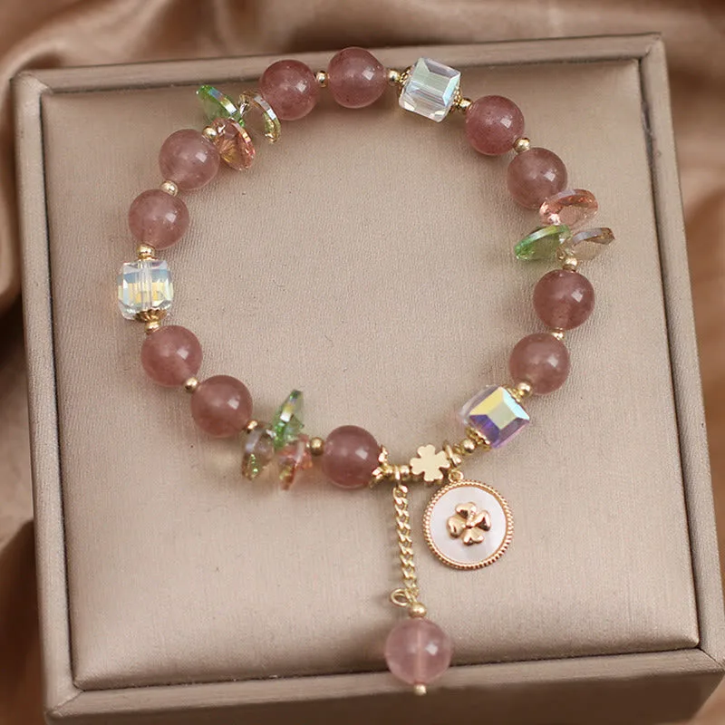 Mythstone Strawberry Quartz Lucky Four Leaf Clover Healing Charm Bracelet - Image 3