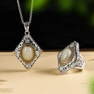 Mythstone 925 Sterling Silver Rhombus Design Hetian Jade Luck Necklace Pendant Ring Set