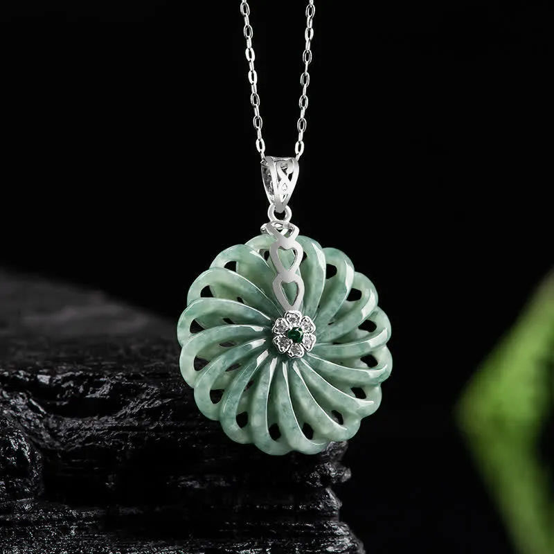 Mythstone 925 Sterling Silver Natural Round Jade Peace Buckle Abundance Necklace Pendant - Image 2