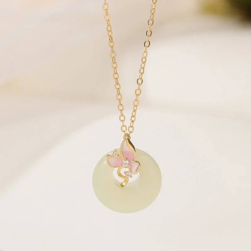 Mythstone 925 Sterling Silver Natural Hetian Jade Peace Buckle Orchid Luck Bracelet Necklace Pendant Set - Image 4