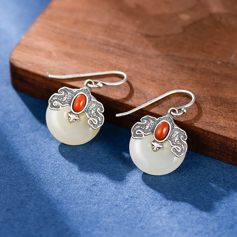 Mythstone 925 Sterling Silver Hetian Jade Red Agate Bat Prosperity Ring Earrings Set - Image 7