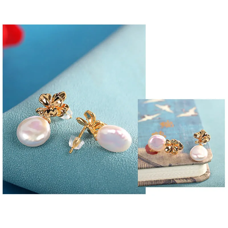 Mythstone 925 Sterling Silver Natural Baroque Pearl Flower Healing Drop Earrings - Image 6