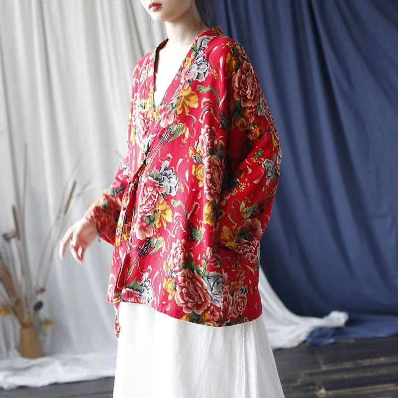 Mythstone Ethnic Style Northeast Red Flower Peony Print Cotton Linen Lace Up Jacket - Image 5
