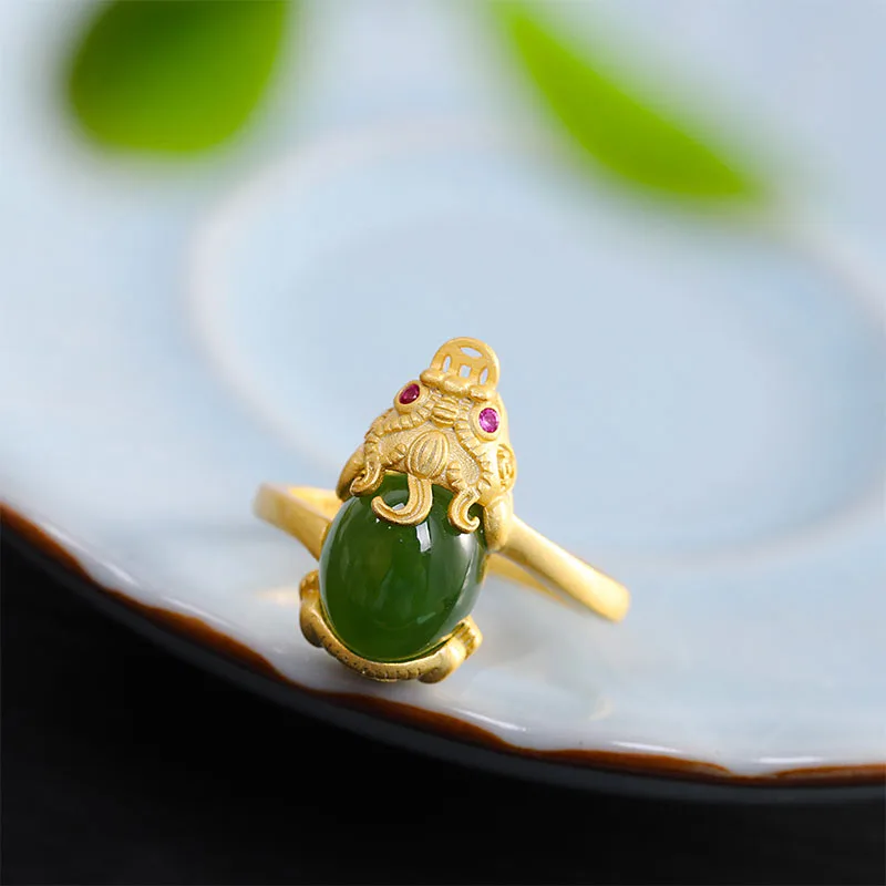 Mythstone 18k Gold-plated Pixiu Jade Wealth Ring - Image 2