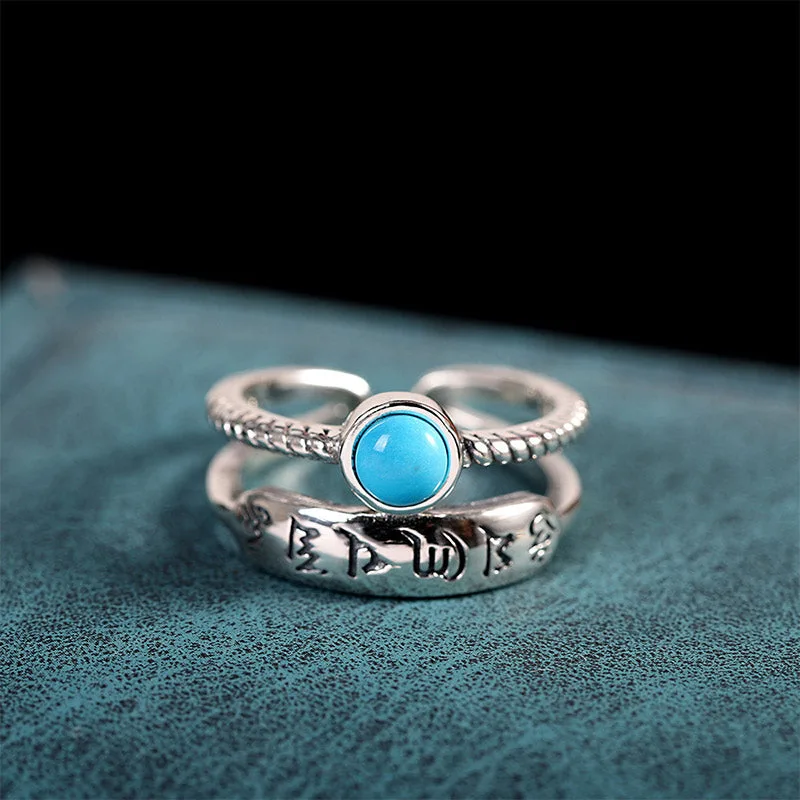 925 Sterling Silver Turquoise Six True Words Blessing Ring - Image 8