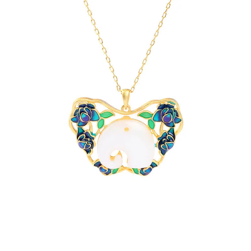 Mythstone White Jade Elephant Butterfly Lotus Success Necklace Chain Pendant - Image 6