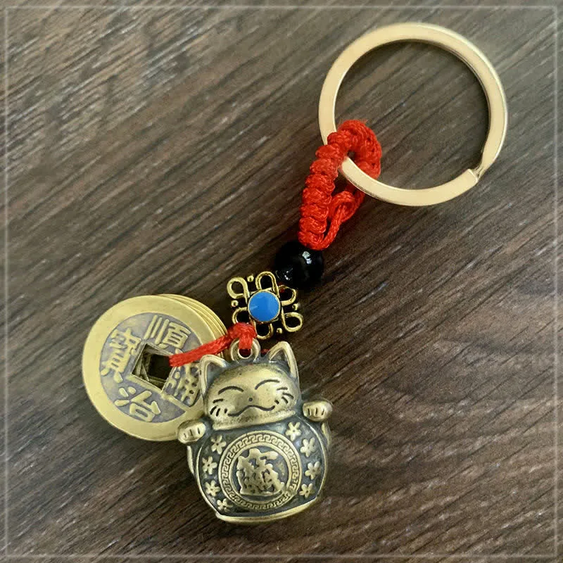 Mythstone Feng Shui Five Emperor Coins Lucky Cat Money Wealth Keychain - Image 2