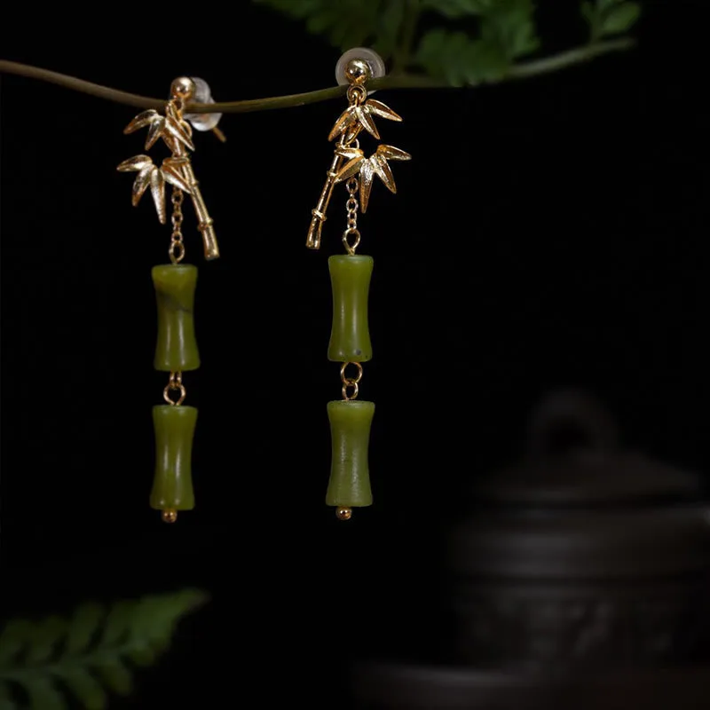 Mythstone 925 Sterling Silver Posts Copper Plated Gold Natural Peridot Bamboo Leaf Drop Earrings - Image 5