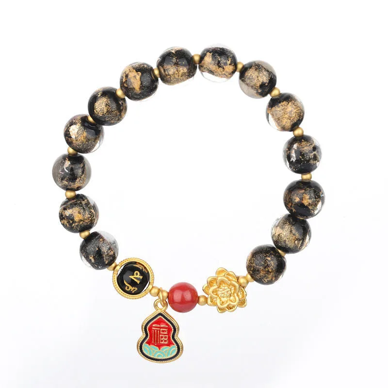 Mythstone Tibet Om Mani Padme Hum Fu Character Gourd Charm Lotus Liuli Glass Bead Luck Bracelet - Image 5