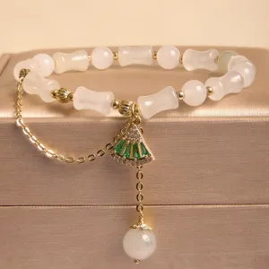 Mythstone Tianshan White Jade Bamboo Pattern Luck Blessing Bracelet