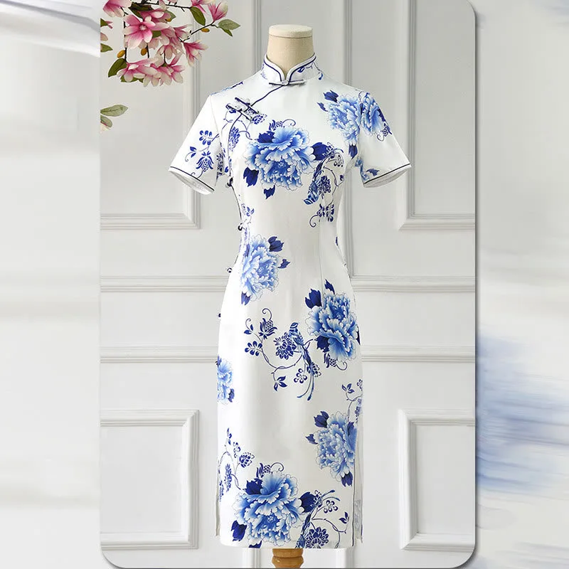 Mythstone Blue And White Porcelain Color Peony Flower Pattern Cheongsam Dress Women's Qipao Dress - Image 14