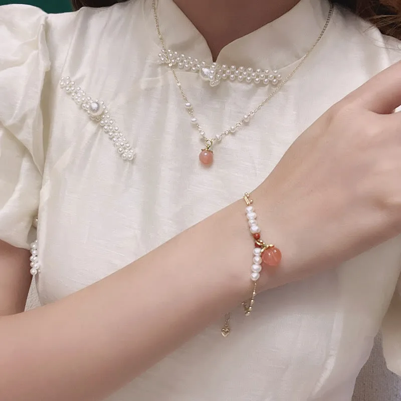 Mythstone Gold-plated Copper Natural Yanyuan Agate Pearl Positive Necklace Pendant Bracelet Earrings Set - Image 3