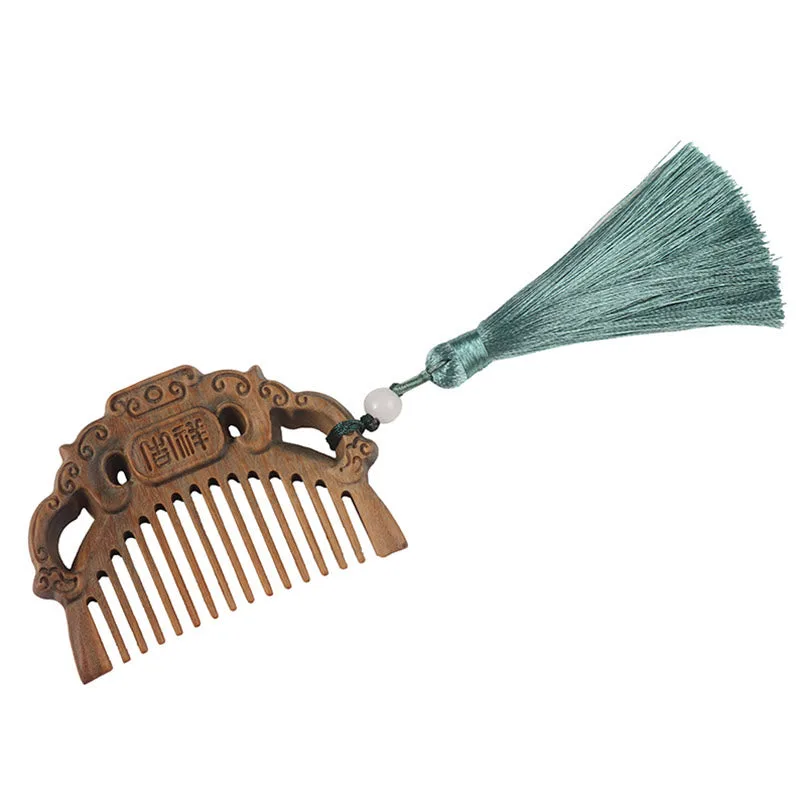 Mythstone Green Sandalwood Fox Peony Flower Lotus Engraved Cure Tassel Comb - Image 8