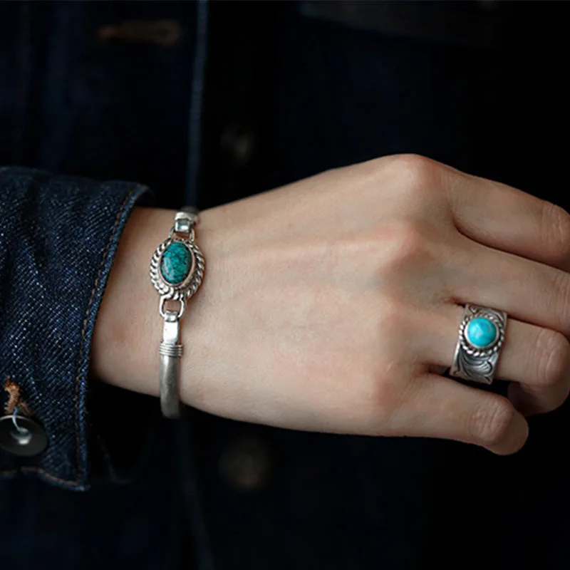 Mythstone 925 Sterling Silver Turquoise Balance Protection Handmade Nepal Bracelet Bangle - Image 5
