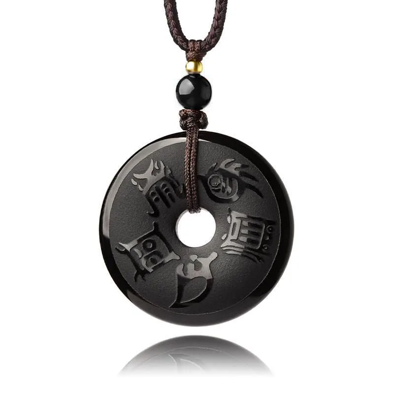 Mythstone Black Obsidian Taoism Five Sacred Mountains Carved Strength Peace Buckle Necklace Pendant Key Chain Phone Hanging Decoration - Image 4