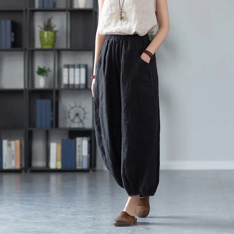 Mythstone Ramie Linen Flexible Waistband Yoga Harem Pants With Pockets - Image 21