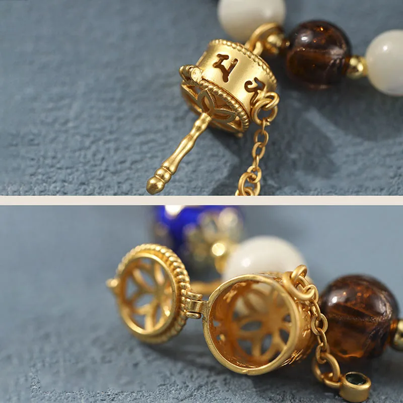 Mythstone Tibetan Incense Ash Liuli Glass Tridacna Stone Sun Stone Om Mani Padme Hum Prayer Wheel Charm Bracelet - Image 6