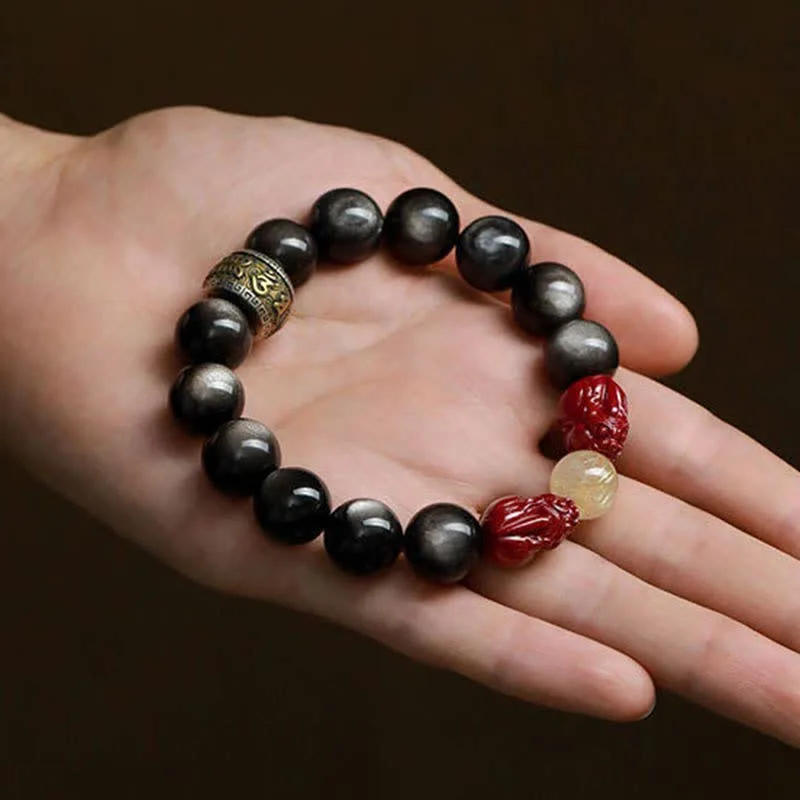 Mythstone Gold Sheen Obsidian PiXiu Cinnabar Om Mani Padme Hum Protection Bracelet - Image 6