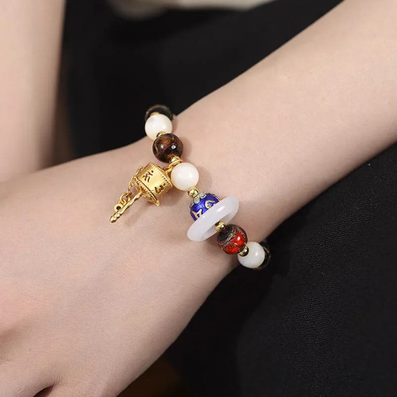 Mythstone Tibetan Incense Ash Liuli Glass Tridacna Stone Sun Stone Om Mani Padme Hum Prayer Wheel Charm Bracelet - Image 5